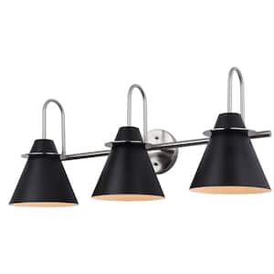 Talia 28 in. 3-Light Brushed Nickel and Matte Black Vanity Light with Metal Shades