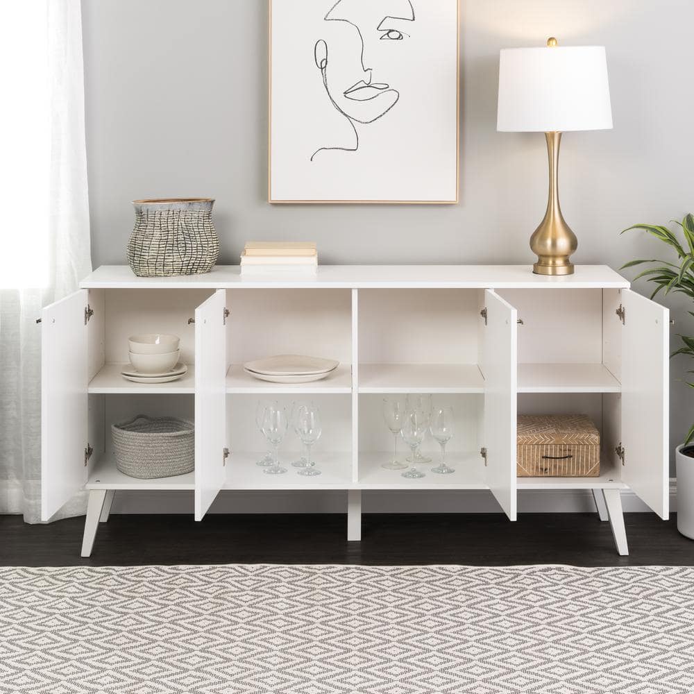 Milo Mid-Century Modern White 4-Door Buffet with Brass Knobs