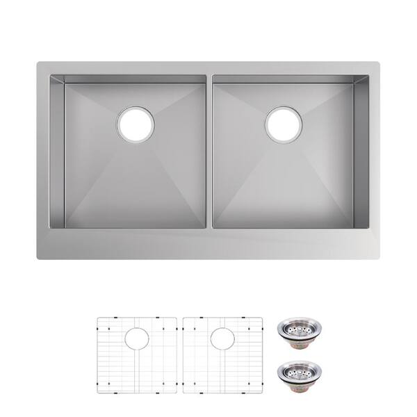 Glacier Bay Professional 36 in. Farmhouse/Apron-Front 50/50 Double Bowl 16 Gauge Stainless Steel Kitchen Sink with Accessories