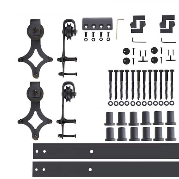 HOMACER 16 ft./192 in. Black Rustic Non-Bypass Sliding Barn Door Hardware Kit Diamond Design Roller for Double Doors