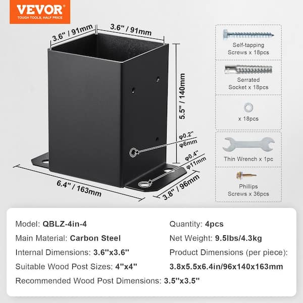 VEVOR 4 in. x 4 in. Internal Post Base Heavy-Duty Powder-Coated Anchor Black Wood Post Fence Bracket Decking Board (4-pack)
