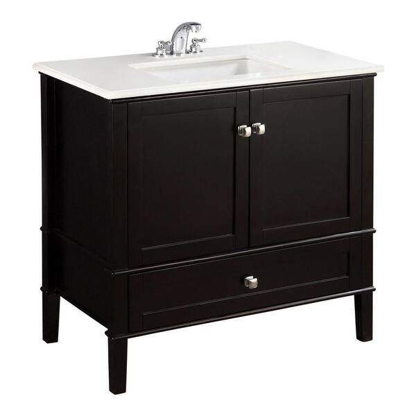 Simpli Home Chelsea 36 in. Bath Vanity in Black with Engineered Quartz Marble Vanity Top in White with White Basin