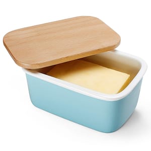 Large Butter Dish with Beech Wooden Lid - Turquoise, Set of 1