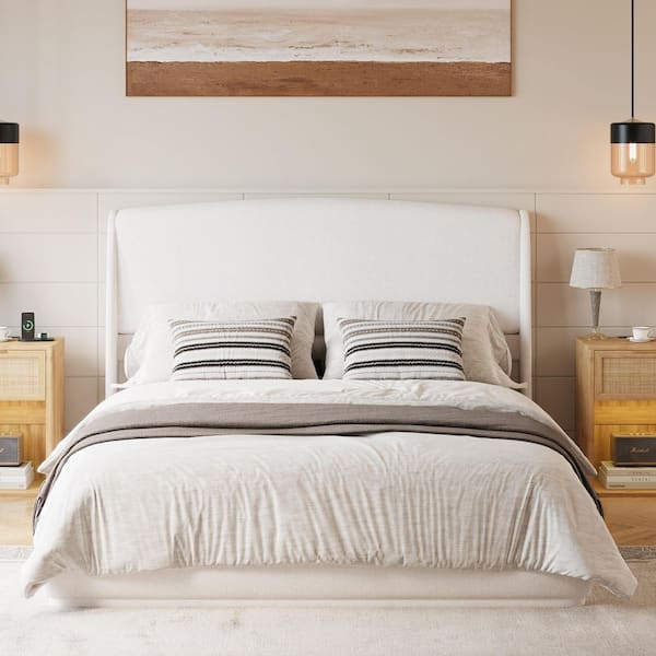 Beige Plywood Frame Queen Size Platform Bed with Wingback Headboard,Padded Headboard