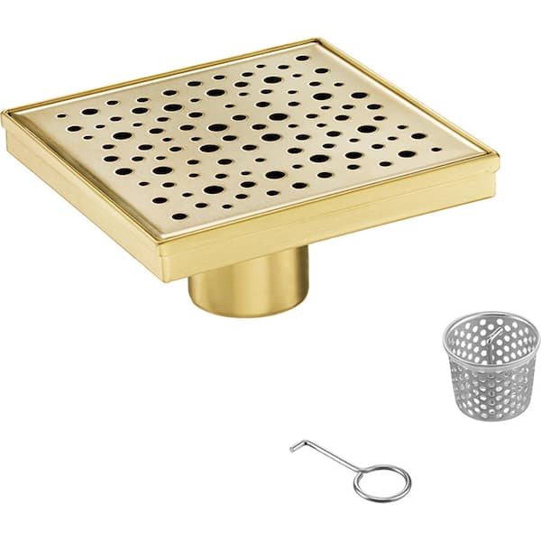 Elegante Drain Collection 4 in. Square Stainless Steel Shower Drain with Rain Drop Pattern, Zirconium Gold Plating