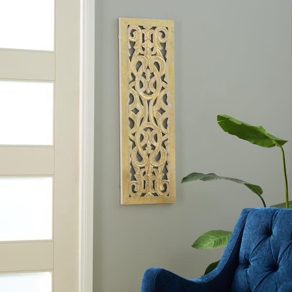 Litton Lane 12 in. x 36 in. Wood Gold Handmade Intricately Carved Arabesque Floral Wall Decor