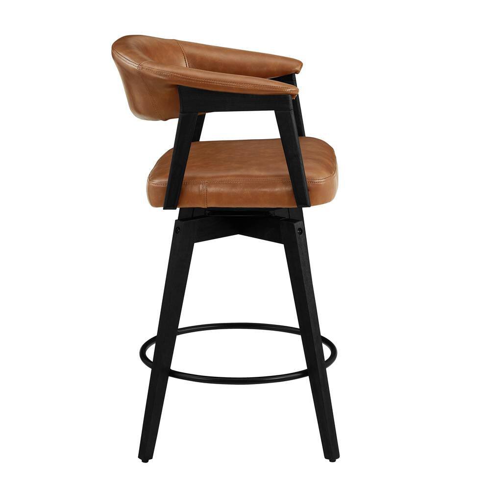 Side view of a brown faux leather swivel bar stool with a black frame.