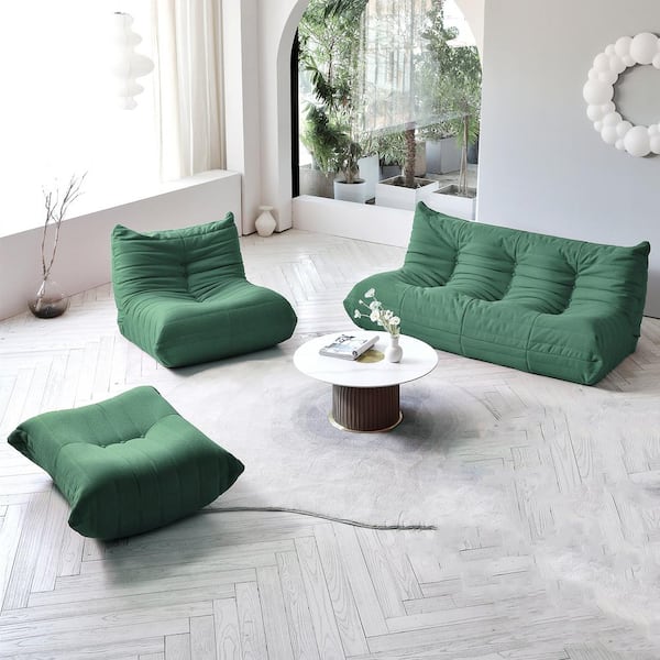 Magic Home 3-Piece Lazy Floor Sofa Thick Couch Bedroom Living Room Teddy Velvet Bean Bag in Green (1-Seat + 3-Seat + Ottoman)