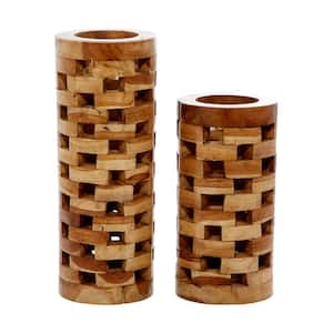 16 in., 12 in. Brown Handmade Teak Wood Decorative Vase with Cut Out Patterns (Set of 2)