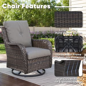 4-Piece Brown Wicker Fire Pit Conversation Set with Olefin Gray Cushions and Curved Arm Swivel Glider Chairs