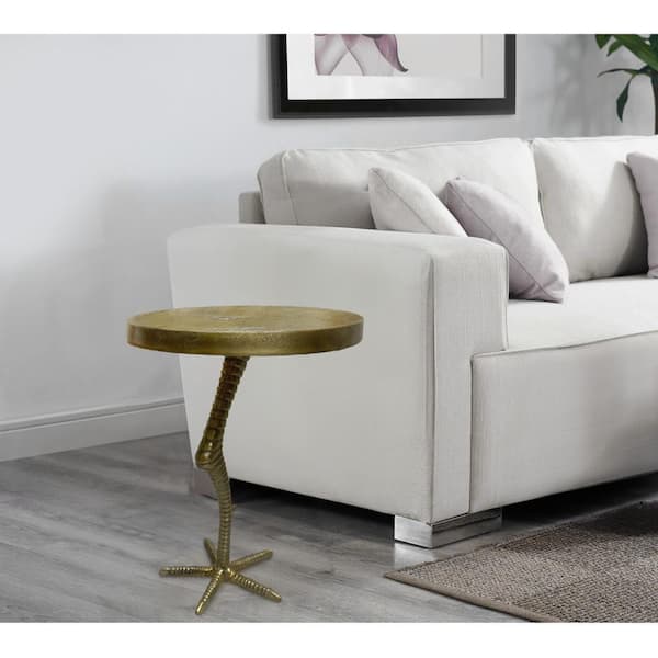 THE URBAN PORT 13.5 in. Brass Round Aluminum Metal Side/End Table with Metal Frame and Crane Leg stem