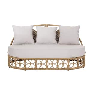 Wicker woven Outdoor Day Bed for Patio Garden Yard with Cushions and Pillows, Beige