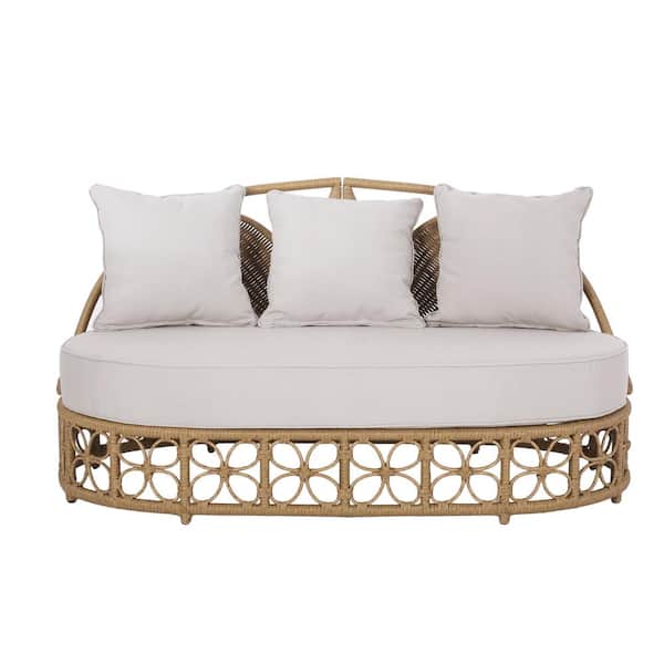 Unbranded Wicker woven Outdoor Day Bed for Patio Garden Yard with Cushions and Pillows, Beige
