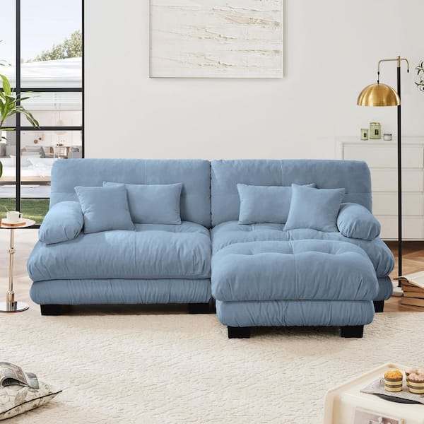 Ronald 94.4 in. Chenille Upholstered L Shaped Sectional Sofa in. Blue with Ottoman, 2 Lumbar Pillows, 2 Throw Pillows