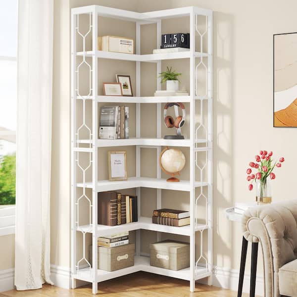 Frailey 79 in. Tall White Wood 7-Shelf Corner Etagere Bookcase