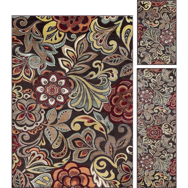 Deco Brown 5 ft. x 8 ft. Abstract Indoor 3-Piece Rug Set