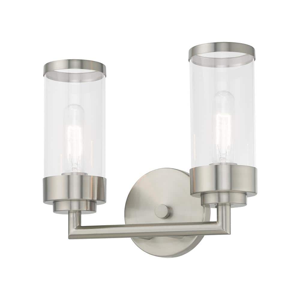 Hillcrest Elegant Brushed Nickel 2-Light Vanity with Clear Glass Shades