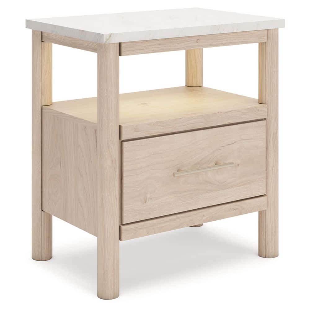Light Brown and White 1-Drawer Nightstand with Marble Top