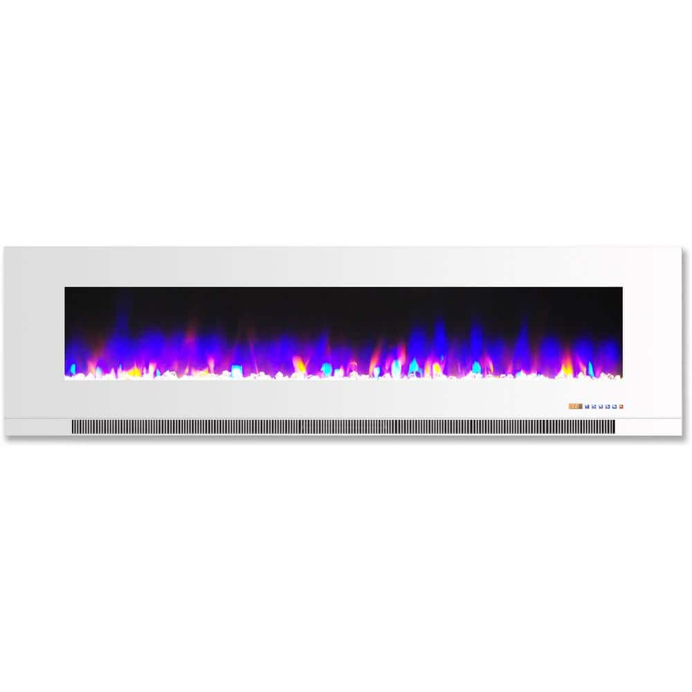 Cambridge 60 in. Wall-Mount Electric Fireplace in White with Multi-Color Flames and Crystal Rock Display