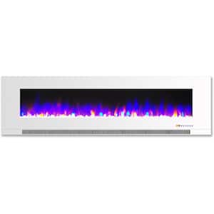 60 in. Wall-Mount Electric Fireplace in White with Multi-Color Flames and Crystal Rock Display