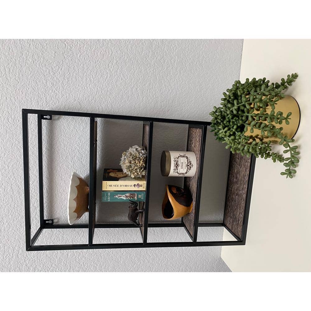 27" Rustic Brown Wood and Black Metal 4-Tier Wall Shelf