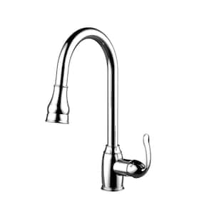 Bay Single Handle Deck Mount Gooseneck Pull Down Spray Kitchen Faucet with Metal Lever Handle 4 in Polished Chrome