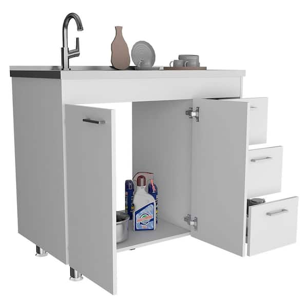 Aoibox 39 in. W x 29.7 in. D x 35.4 in. H Ready to Assemble Kitchen Base Cabinet in White with 3-Drawer,Double Door&4-Legs