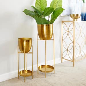 32 in., and 24 in. Extra Large Gold Metal Planter with Removable Stand (2- Pack)