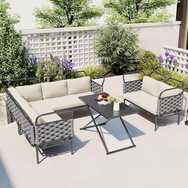myhomore Modern Patio Sectional Sofa Set Gray of 5-Piece Metal Outdoor Woven Rope Sectional Set with Beige Cushions