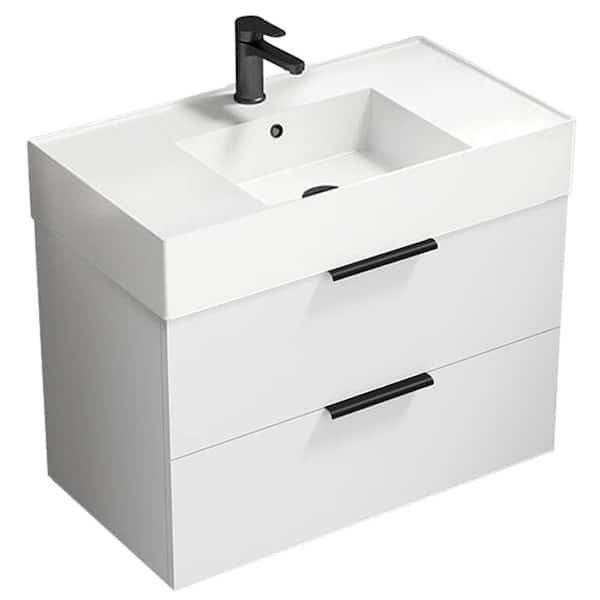 Derin 31.89 in. W x 31.89 in. D x 25.2 in. H Wall Mounted Bath Vanity in Glossy White with Vanity Top Basin in White