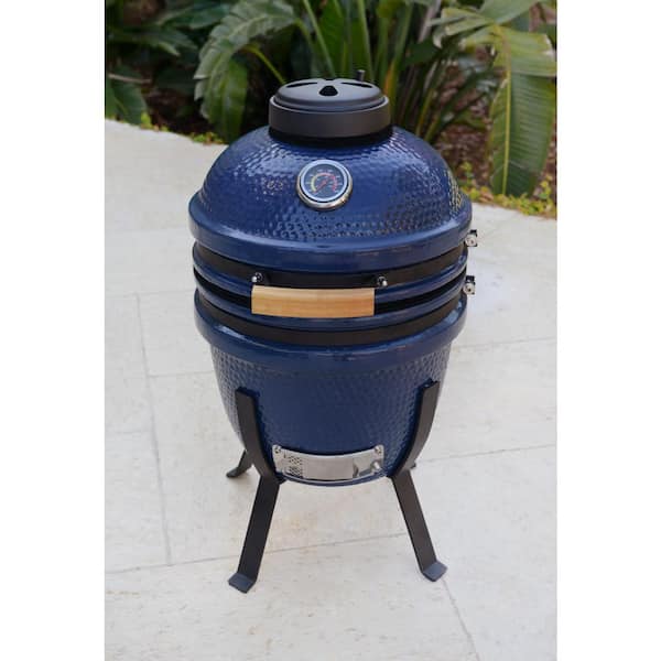 Lifesmart 15 in. Kamado Ceramic Grill & Smoker Value Bundle with Electric Starter, Cover and Cooking Stone in Blue