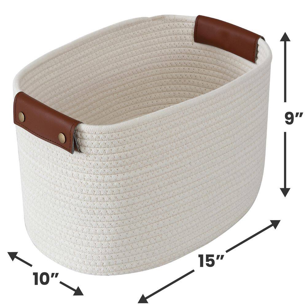 Cream Cotton Woven Round Storage Basket with Leather Handles
