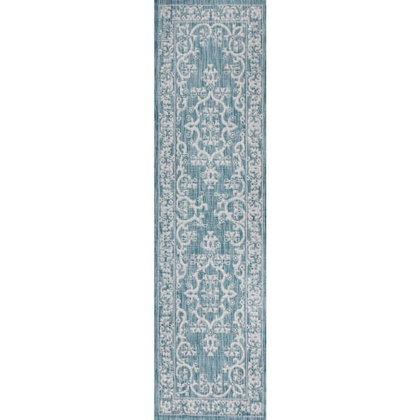 Galon Filigree Indoor/Outdoor Teal/Ivory 2 ft. x 10 ft. Runner Rug
