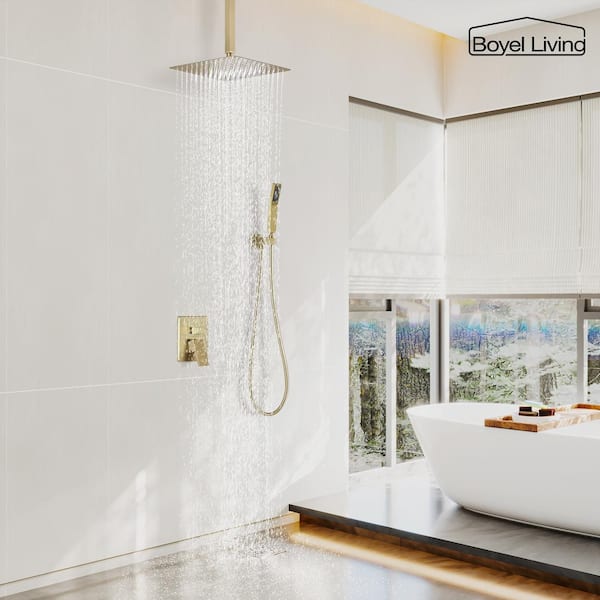 1-Spray Patterns with 2.5 GPM 12 in. Ceiling Mount Dual Shower Heads with Pressure Balance Valve in Brushed Gold