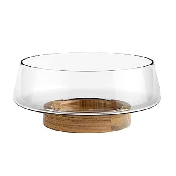 10.23 in. 125 fl. oz. Clear Brown Glass Acacia Wood Salad Bowl Kitchen Serving Set of 4 Elegant Large Capacity