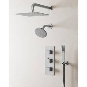 Thermostatic Valve 5-Spray 12 in. x 6 in. Dual Wall Mount and Handheld Shower Head in Brushed Nickel