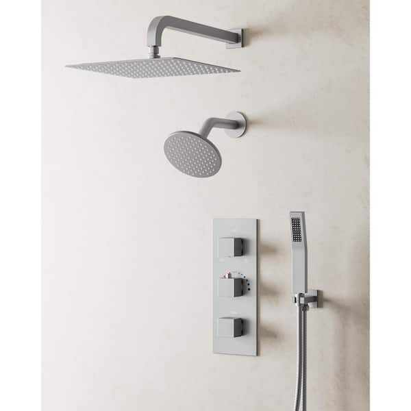 YAWWALK Thermostatic Valve 5-Spray 12 in. x 6 in. Dual Wall Mount and Handheld Shower Head in Brushed Nickel