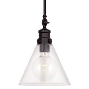 Emma 14 in. 60-Watt 1-Light Oil-Rubbed Bronze Farmhouse Cone Shaped Pendant Light with Clear Shade