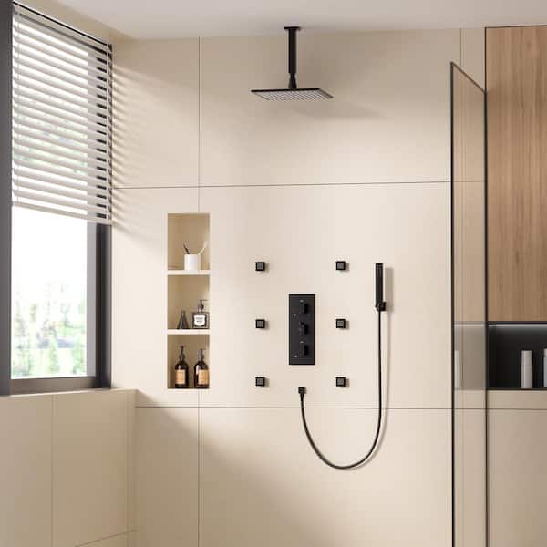 6-Spray 12 in. LED Thermostatic Dual Shower Head Ceiling Mount Fixed and Handheld Shower Head 2.5 GPM in Matte Black