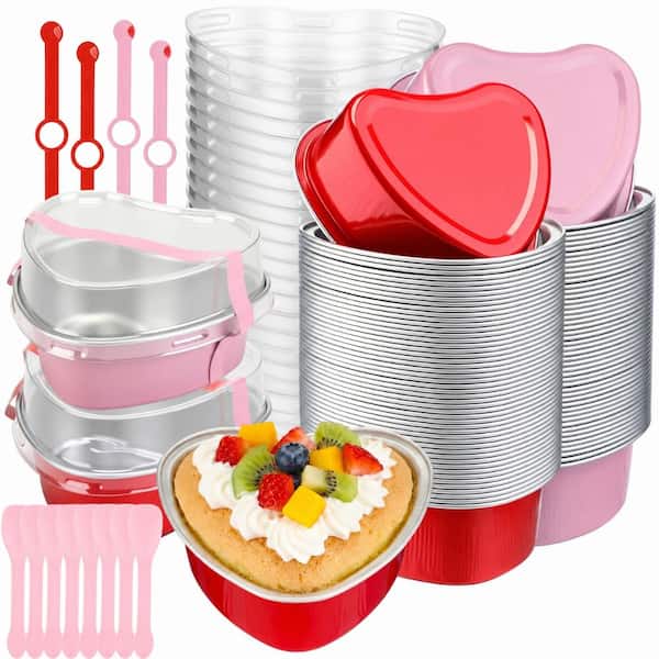50-Set Mini Heart Shaped Aluminum Foil Cake Pans 3.4 oz with Clear Lids, Spoons and Sealing Stickers
