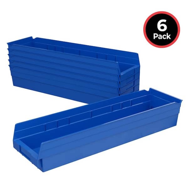 30164 Plastic Storage Shelf Bins, 23 1/2 in. D x 6 1/2 in. W x 4 in. H, Blue, 6-pack