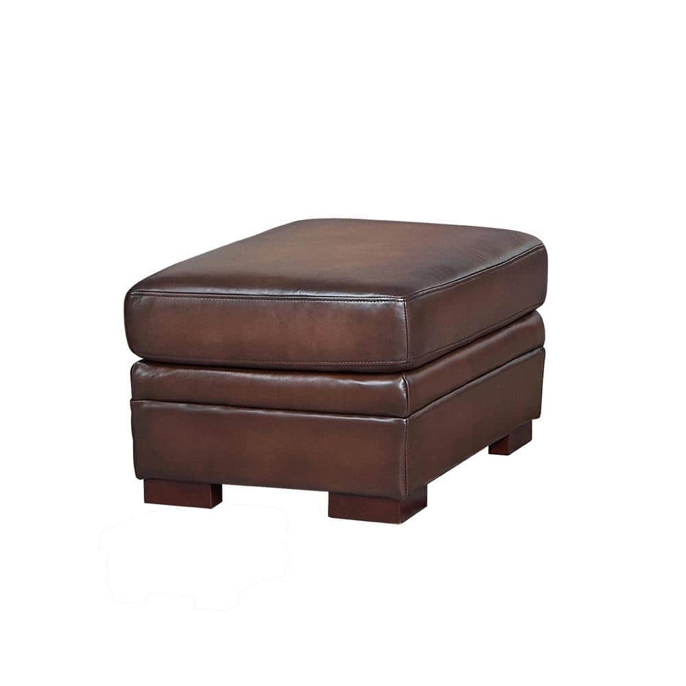Caramel Brown Leather Ottoman with Solid Wood Legs