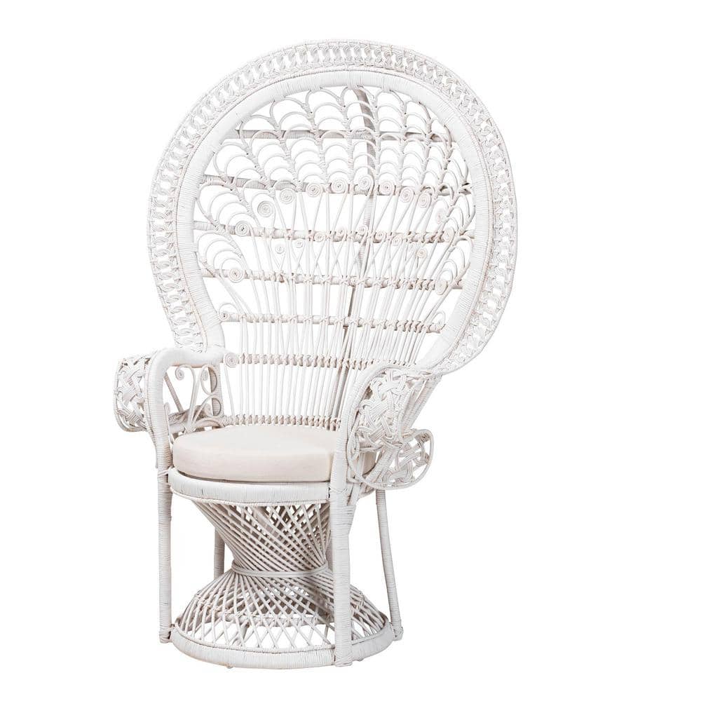Handcrafted White Rattan Peacock Accent Chair with Geometric Design