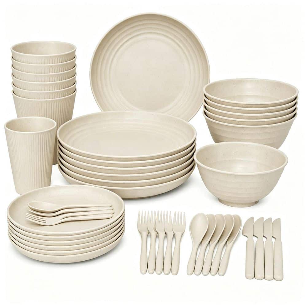 Wudkey 42-Piece Beige Wheat Straw Dinnerware Sets for 6, Kitchen