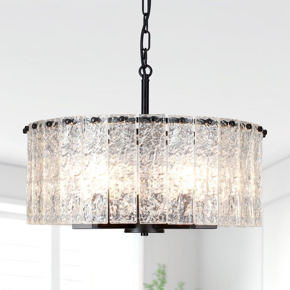 5-Light Black Farmhouse Height Adjustable Chandelier with Ripple Glass Drum Shade for Kitchen Island price history on PriceWatchPro