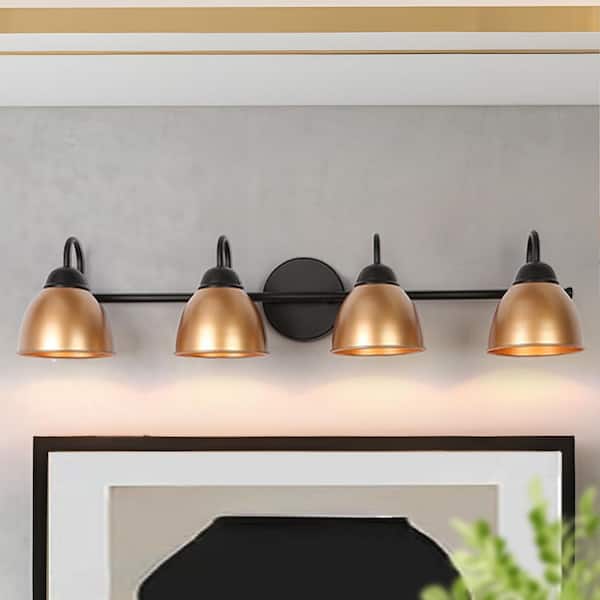 Modern 30 in. 4 Light Black and Gold Bell Bathroom Vanity Light Mid-Century Dimmable Wall Sconce with Metal Shade