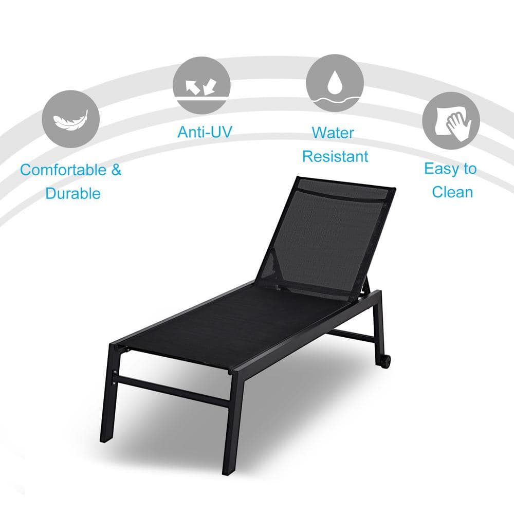 Coastal Breeze Black Outdoor Chaise Lounge with 5-Position Backrest and Wheels