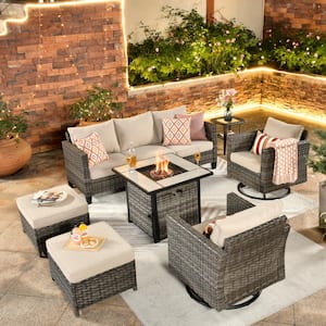 New Vultros Gray 7-Piece Wicker Patio Fire Pit Conversation Seating Set with Beige Cushions Swivel Rocking Chairs