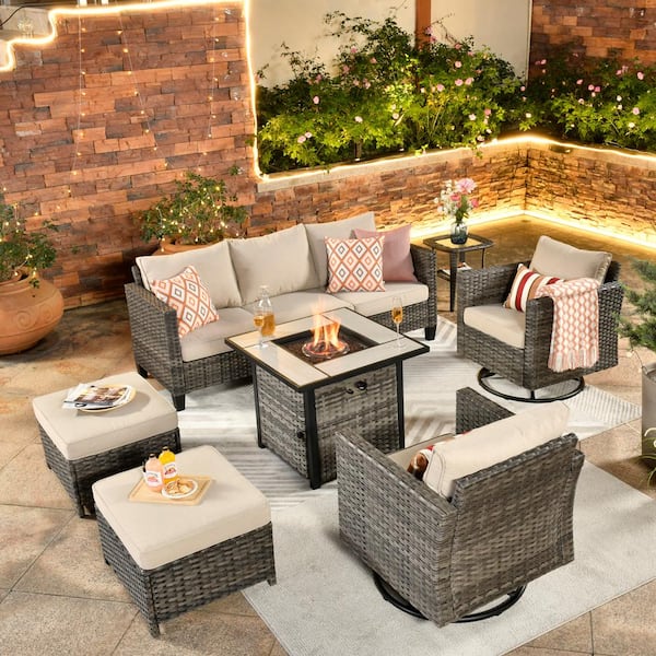 OVIOS New Vultros Gray 7-Piece Wicker Patio Fire Pit Conversation Seating Set with Beige Cushions Swivel Rocking Chairs