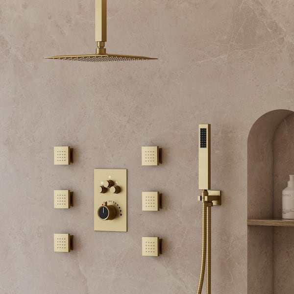 Triple Handles 7-Spray Patterns Shower Faucet 12 in. Shower Head with 6-Jets in Brushed Gold (Valve Included)